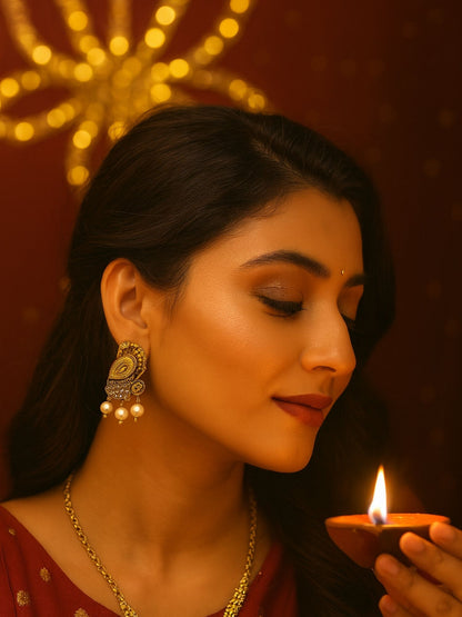 Stud Afghani Jhumka Earrings Peacock With Pearl Design