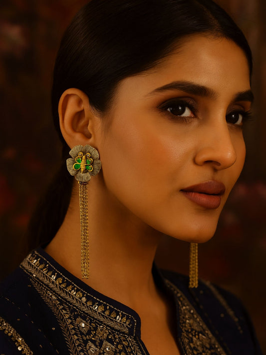 Long Afghani Earrings Flower With Butterfly Designs