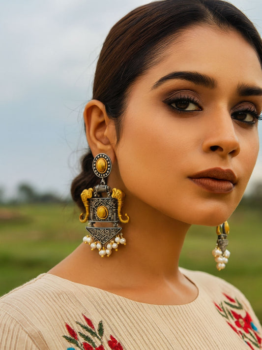 Drop Afghani Jhumka Earrings Elephant With Pearl Design