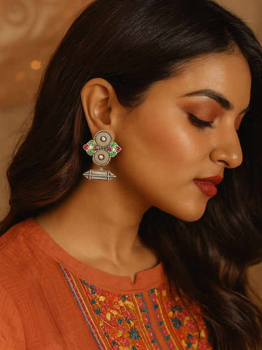 Stud Afghani Jhumka Earrings Tribal Designs With Enamel