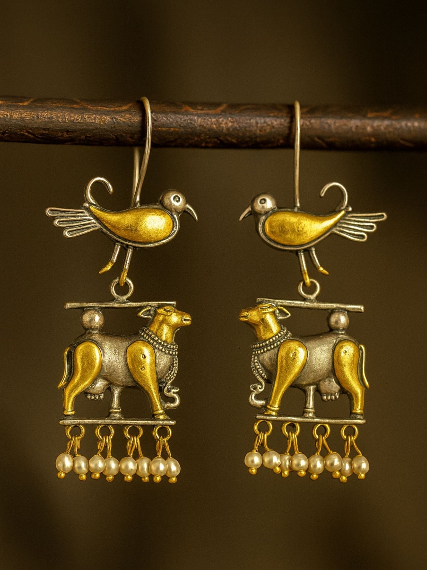 Dangler Afghani Jhumka Earrings Cow/Bird Designs With Pearl