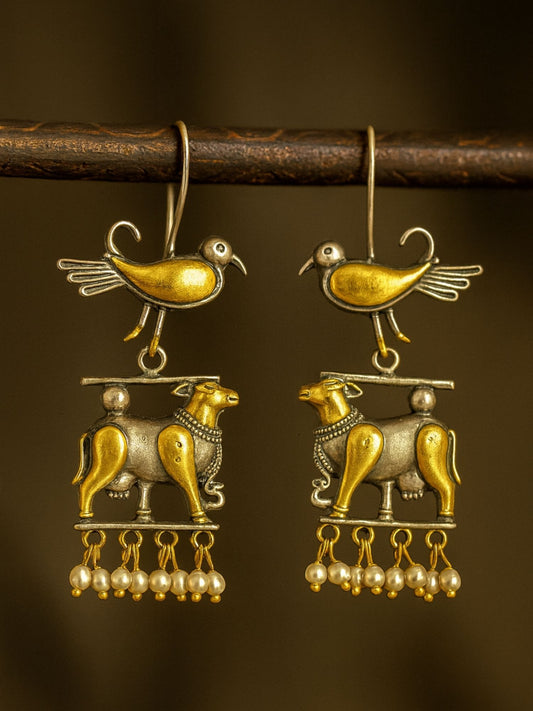 Dangler Afghani Jhumka Earrings Cow/Bird Designs With Pearl