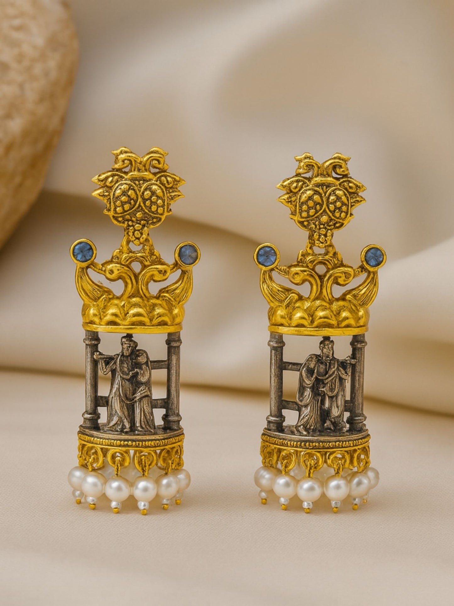 Dangler Afghani Jhumka Earrings Radha-Krishna Designs With Pearl