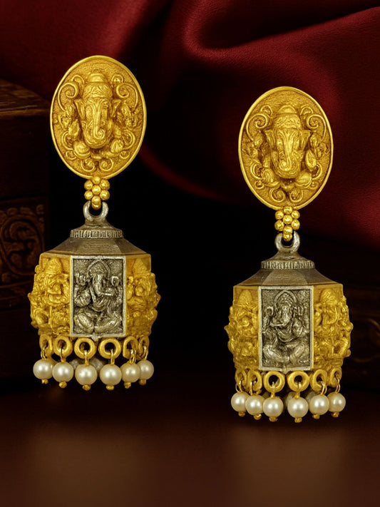 Afghani Jhumka Earrings Lord Ganesha Design With Pearl