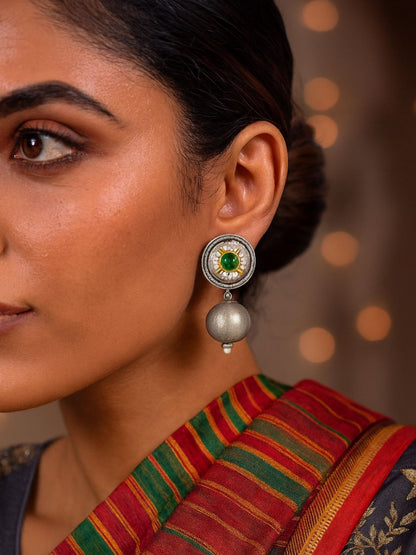 Drop Afghani Jhumka Earrings Ball/Green Stone Designs With Pearl