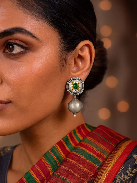 Drop Afghani Jhumka Earrings Ball/Green Stone Designs With Pearl