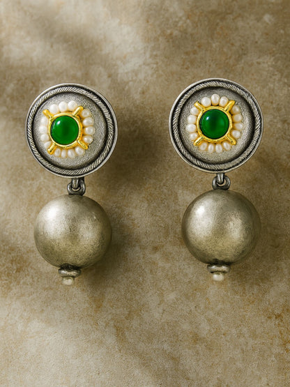 Drop Afghani Jhumka Earrings Ball/Green Stone Designs With Pearl