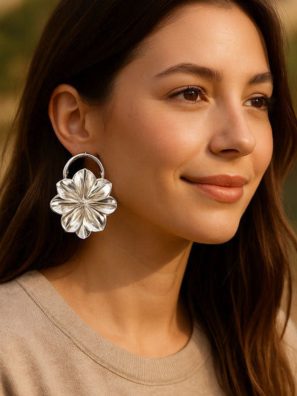 Silver Floral Hoop Earrings for Women | Metal Design
