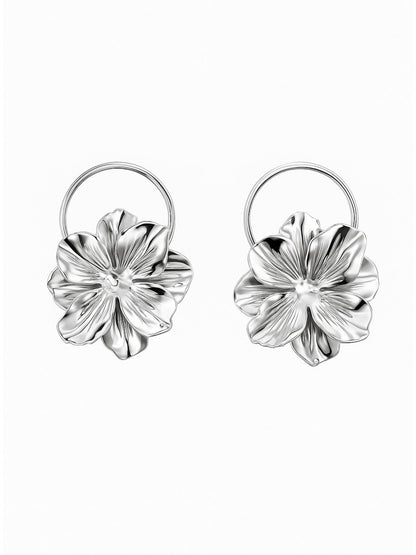 Silver Floral Hoop Earrings for Women | Metal Design