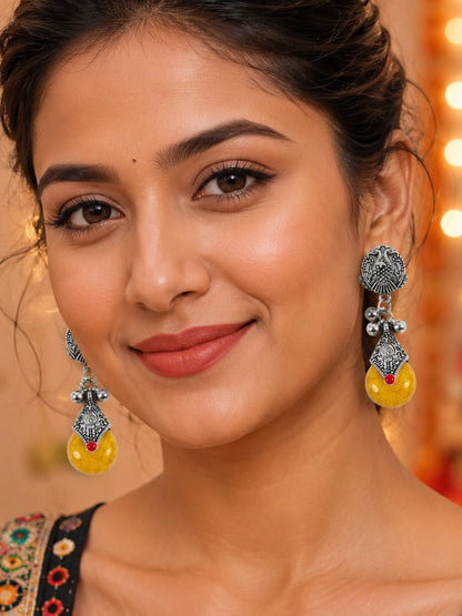 Oxidized Silver Yellow Stone Drop Earrings Navaratri
