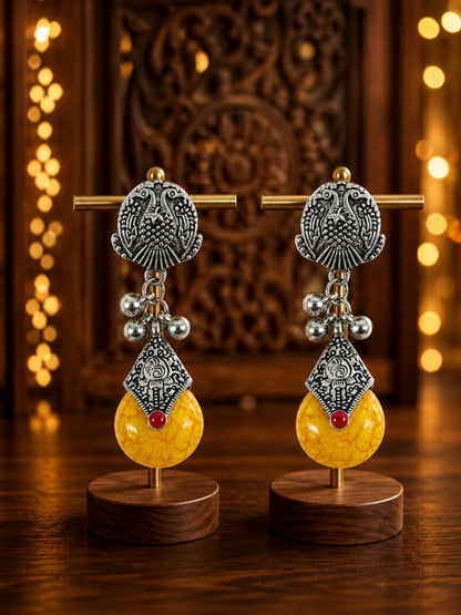 Oxidized Silver Yellow Stone Drop Earrings Navaratri