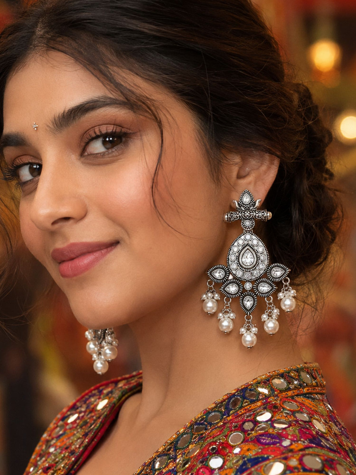 Oxidized Silver AD Chandelier Earrings for Navaratri