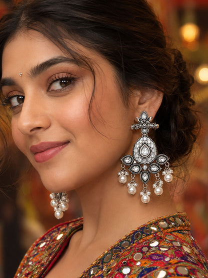 Oxidized Silver AD Chandelier Earrings for Navaratri