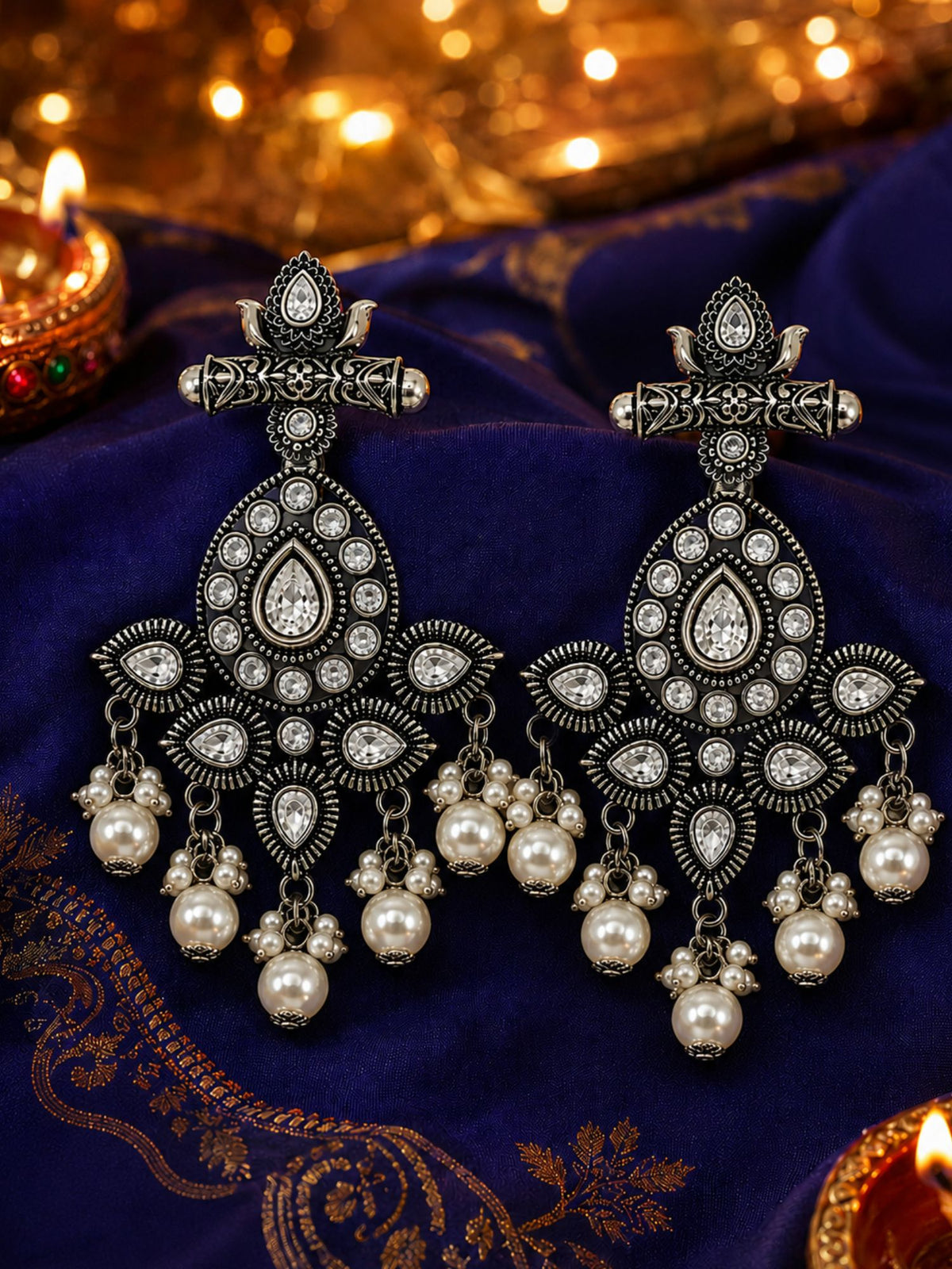 Oxidized Silver AD Chandelier Earrings for Navaratri