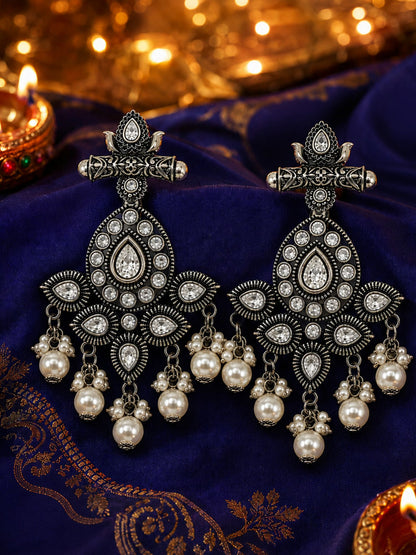 Oxidized Silver AD Chandelier Earrings for Navaratri