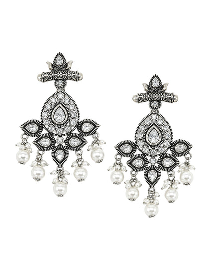 Oxidized Silver AD Chandelier Earrings for Navaratri