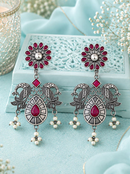 Oxidized Silver Magenta Stone Earrings for Navaratri