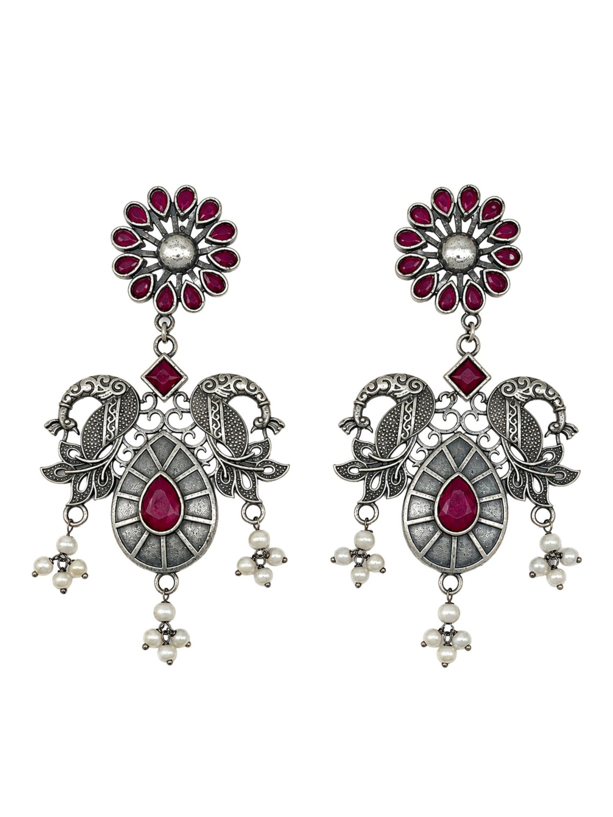 Oxidized Silver Magenta Stone Earrings for Navaratri