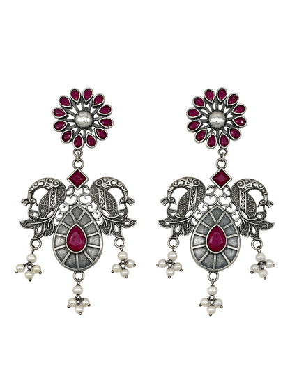 Oxidized Silver Magenta Stone Earrings for Navaratri