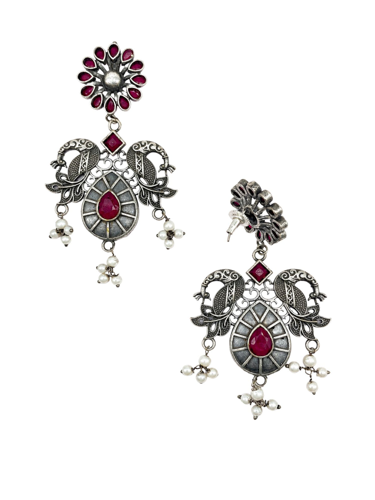 Oxidized Silver Magenta Stone Earrings for Navaratri