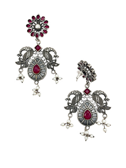 Oxidized Silver Magenta Stone Earrings for Navaratri