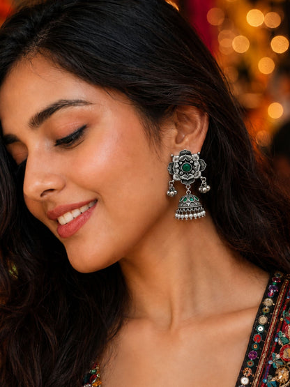 Oxidized Silver Green Stone Floral Jhumka Earrings for Navaratri