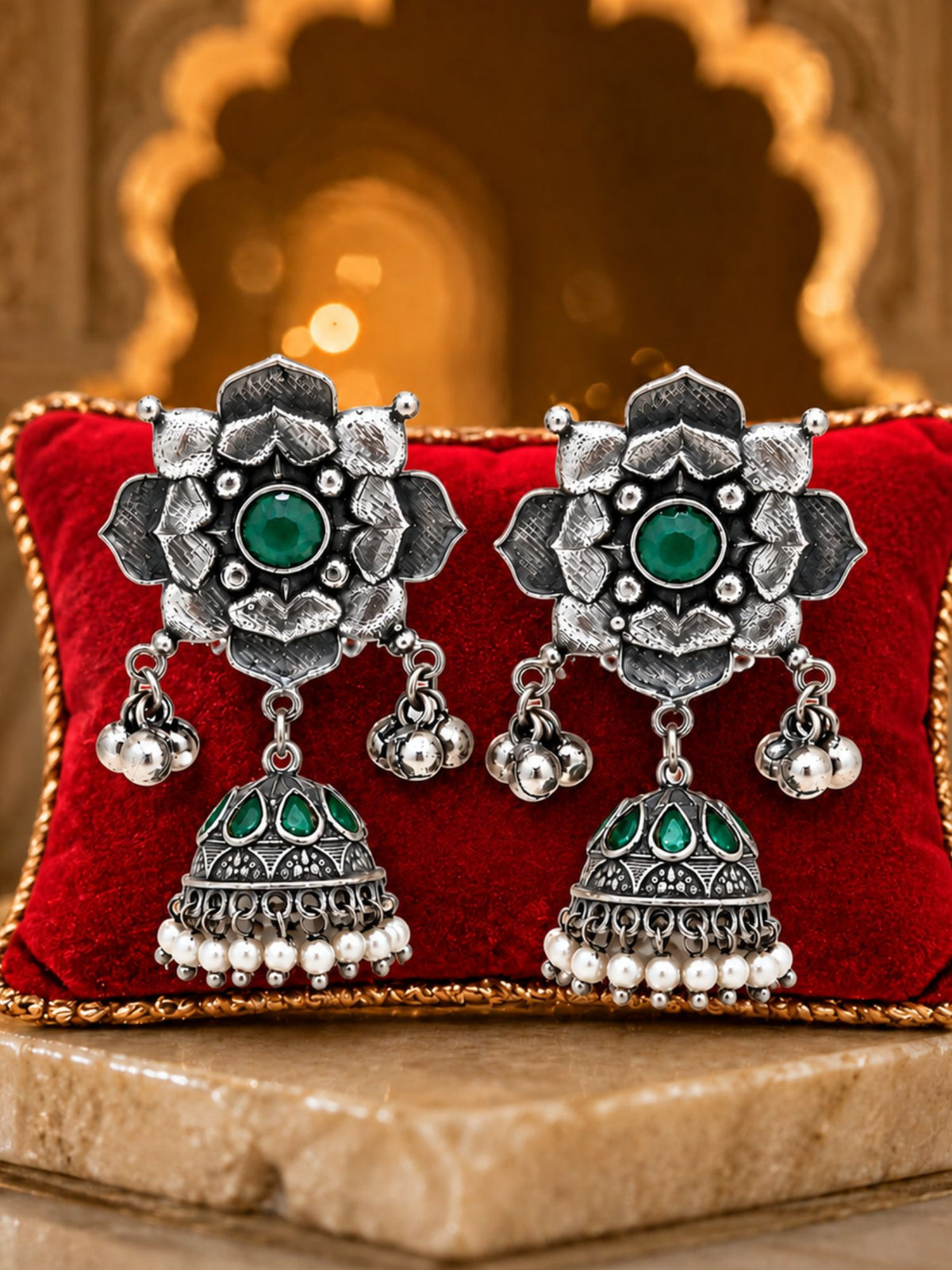 Oxidized Silver Green Stone Floral Jhumka Earrings for Navaratri