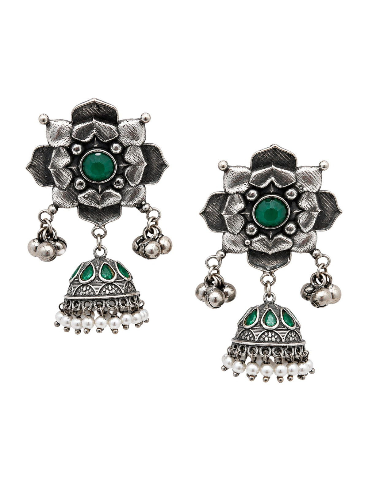 Oxidized Silver Green Stone Floral Jhumka Earrings for Navaratri