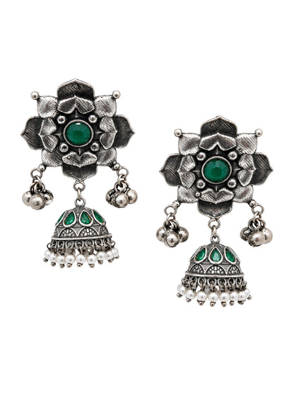 Oxidized Silver Green Stone Floral Jhumka Earrings for Navaratri