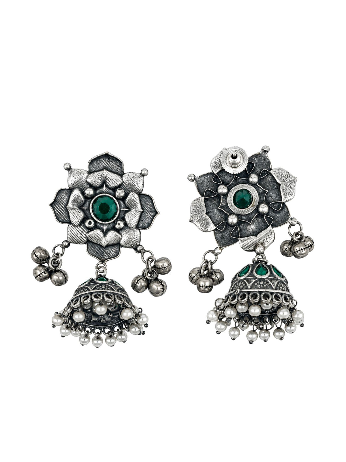 Oxidized Silver Green Stone Floral Jhumka Earrings for Navaratri