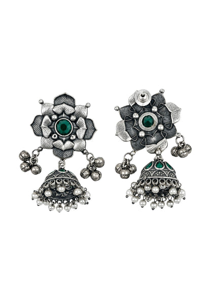 Oxidized Silver Green Stone Floral Jhumka Earrings for Navaratri