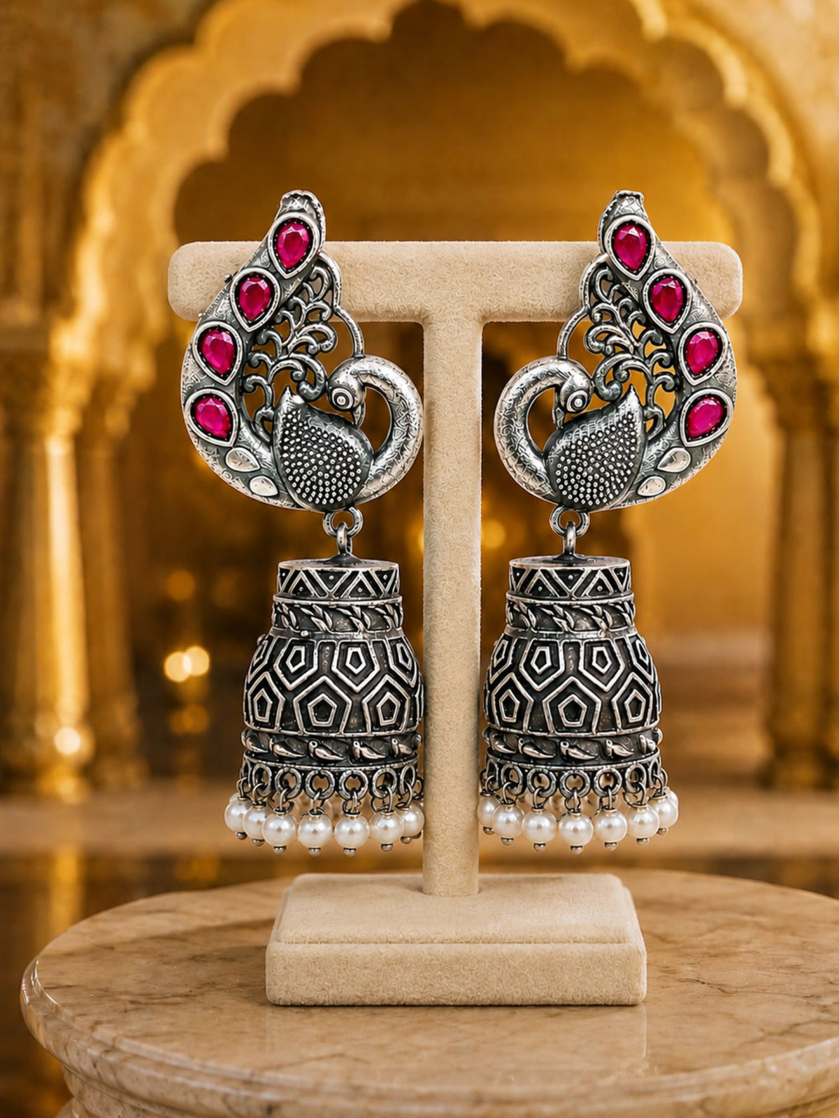 Silver Tone Jhumka Earrings with Red Stones Pearls for Navaratri