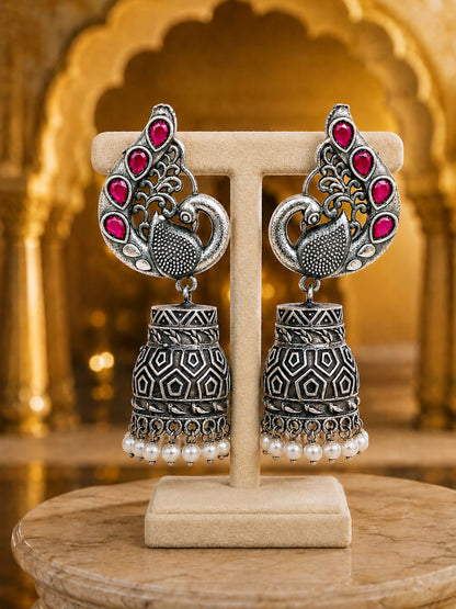 Silver Tone Jhumka Earrings with Red Stones Pearls for Navaratri