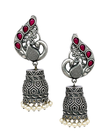 Silver Tone Jhumka Earrings with Red Stones Pearls for Navaratri