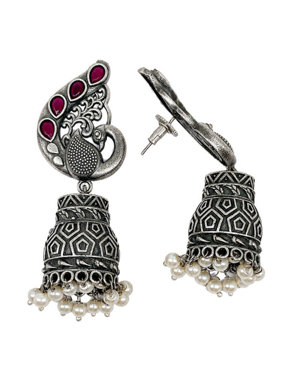 Silver Tone Jhumka Earrings with Red Stones Pearls for Navaratri