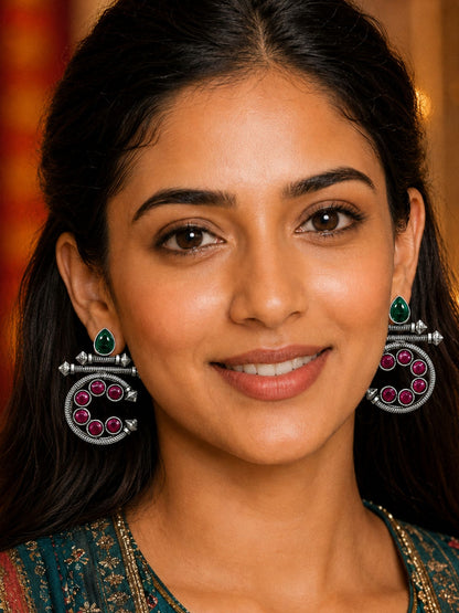Oxidised Silver Geometric Pink & Green Earrings