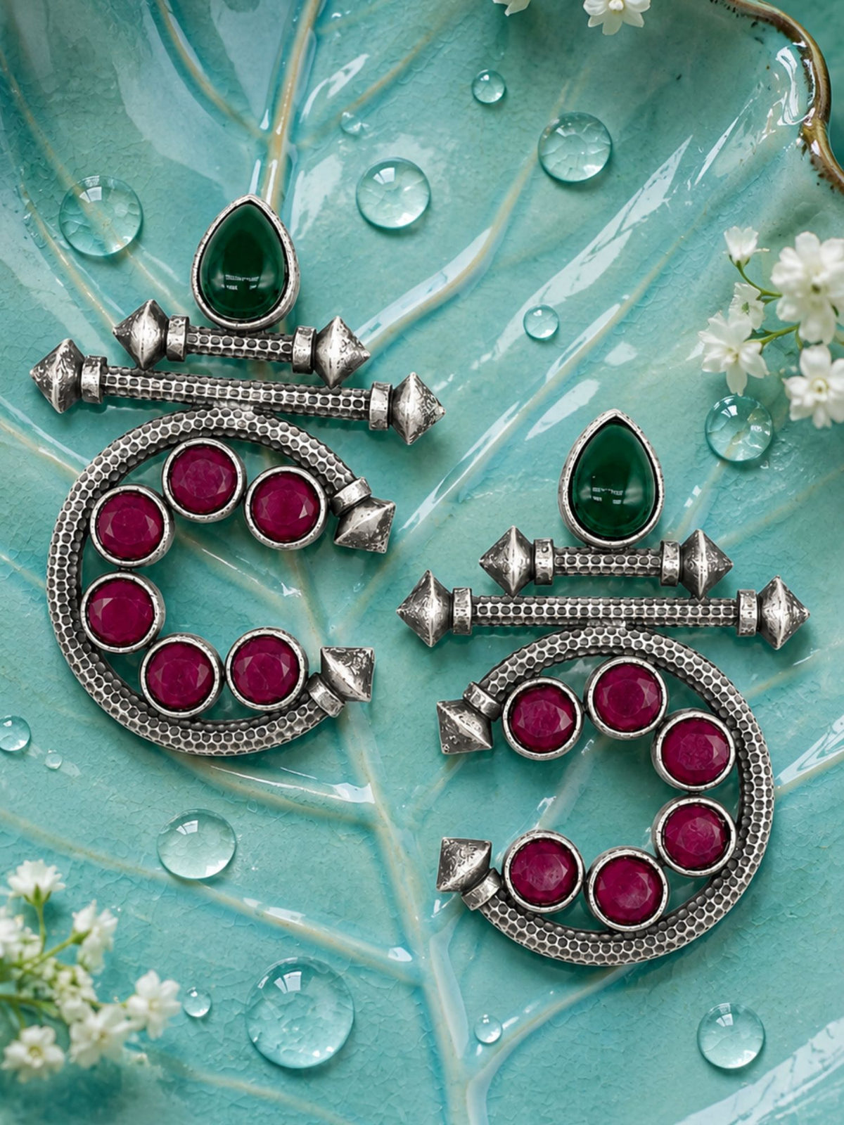 Oxidised Silver Geometric Pink & Green Earrings