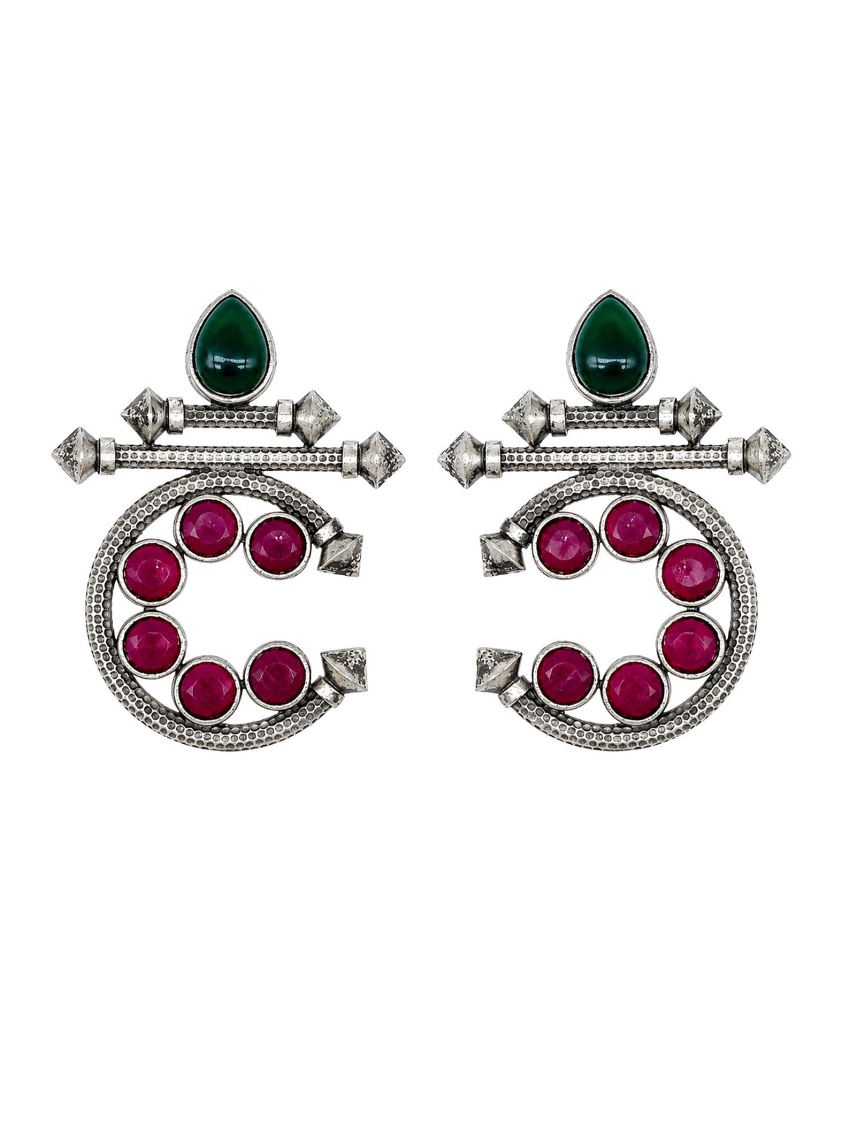 Oxidised Silver Geometric Pink & Green Earrings