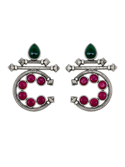 Oxidised Silver Geometric Pink & Green Earrings