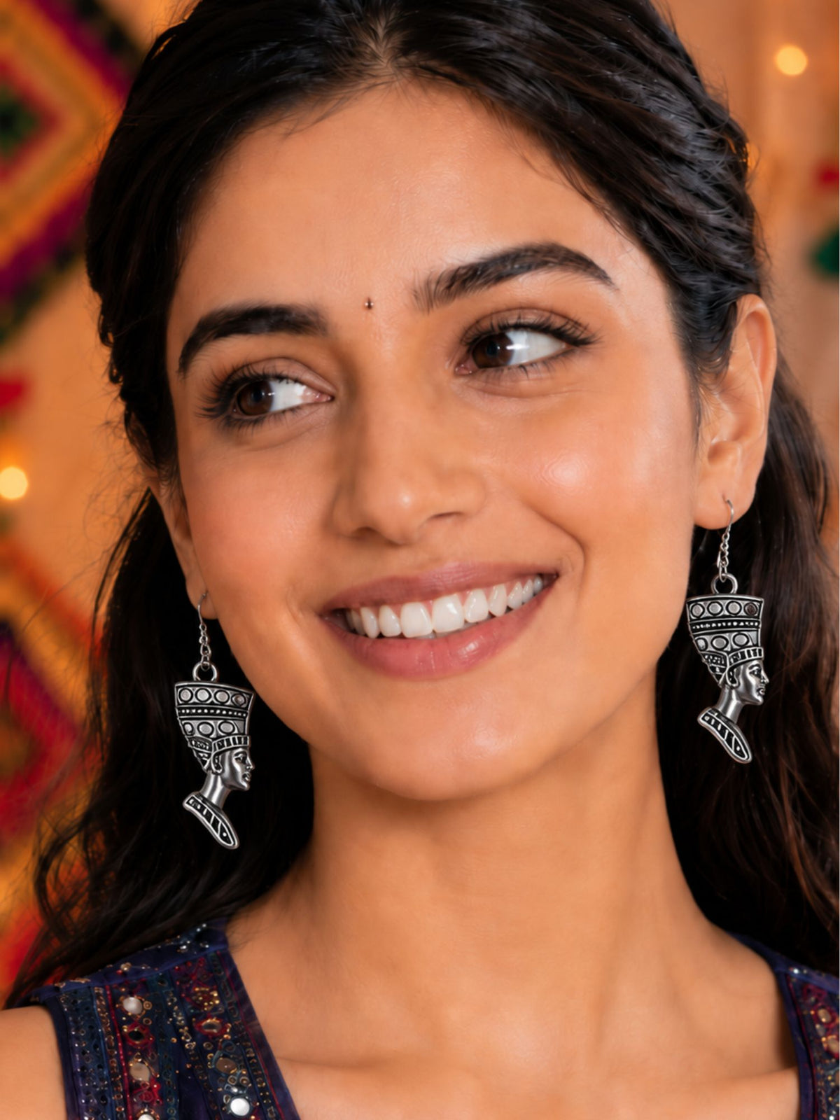 Oxidised Silver Egyptian Queen Earrings for Women