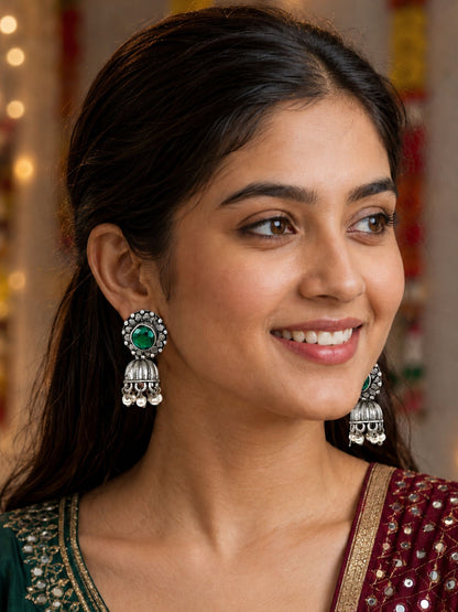 Green Stone Oxidised Silver Jhumka Earrings with Pearl Women