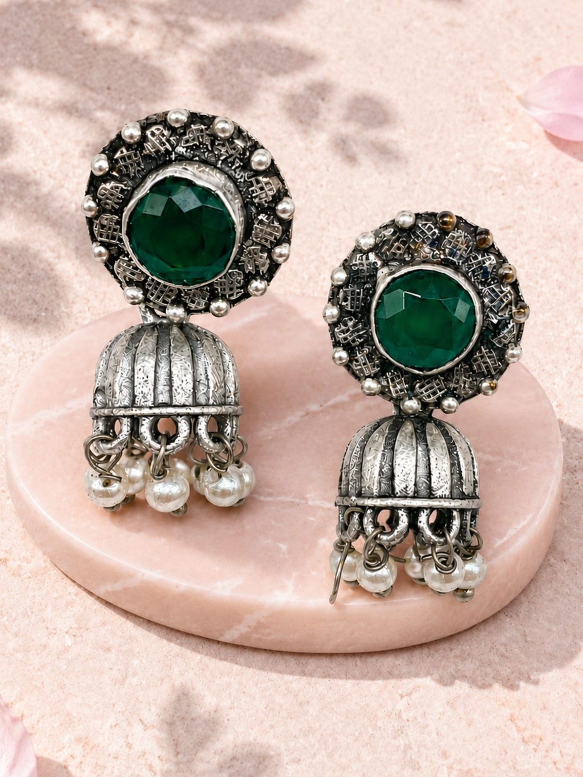 Green Stone Oxidised Silver Jhumka Earrings with Pearl Women