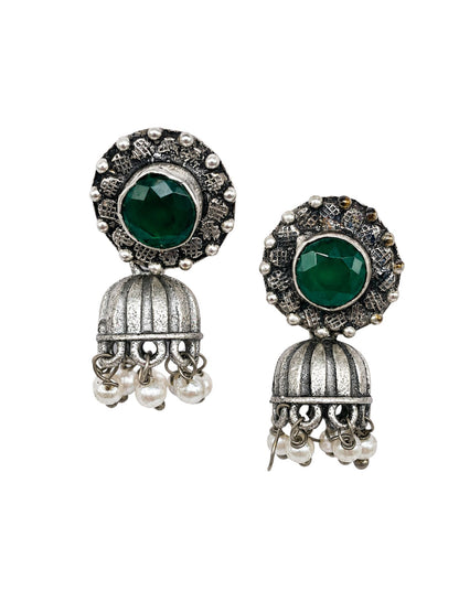 Green Stone Oxidised Silver Jhumka Earrings with Pearl Women