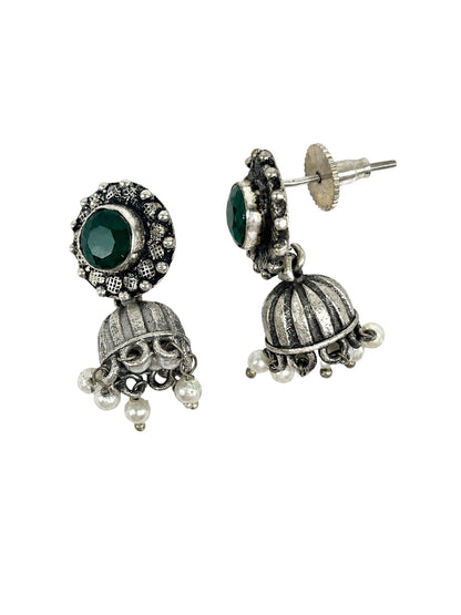 Green Stone Oxidised Silver Jhumka Earrings with Pearl Women