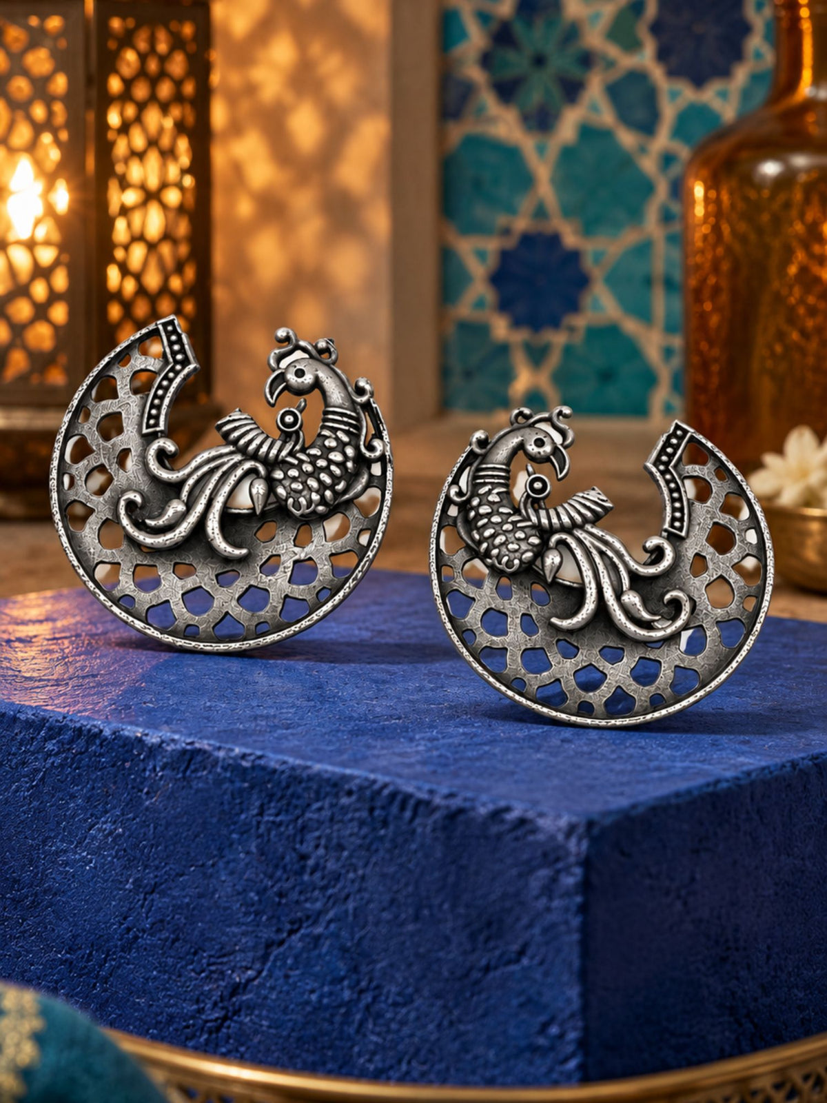 Silver Peacock Design Boho Stud Earrings for Women