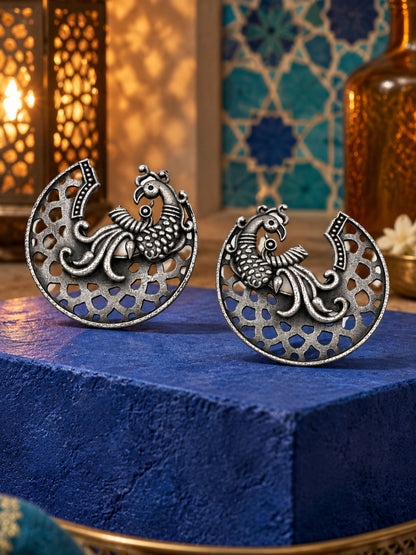 Silver Peacock Design Boho Stud Earrings for Women