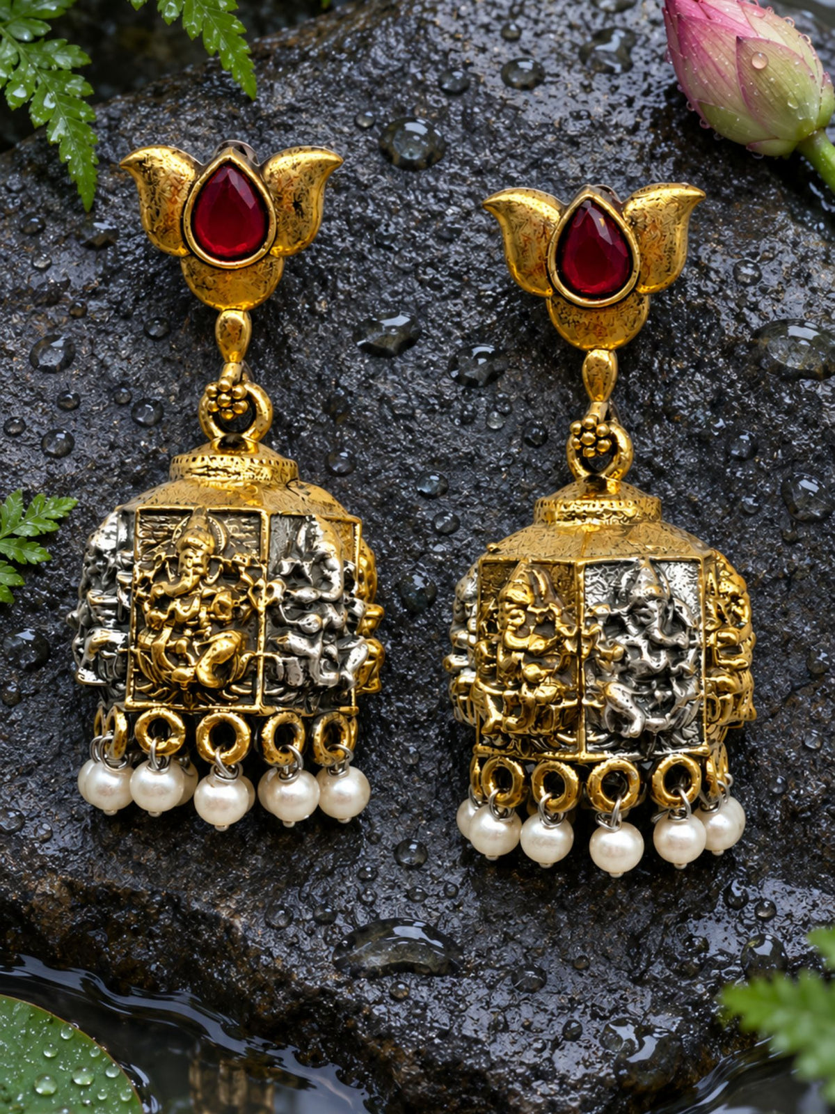 Ganesha Temple Jhumka Earrings with Ruby Pearl Drops