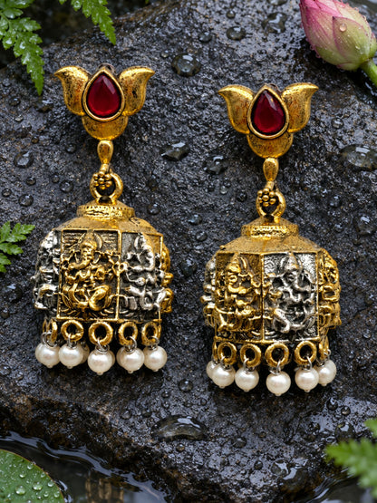 Ganesha Temple Jhumka Earrings with Ruby Pearl Drops