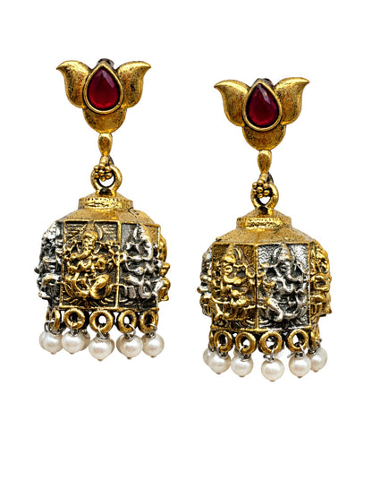 Ganesha Temple Jhumka Earrings with Ruby Pearl Drops