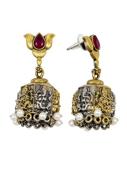 Ganesha Temple Jhumka Earrings with Ruby Pearl Drops